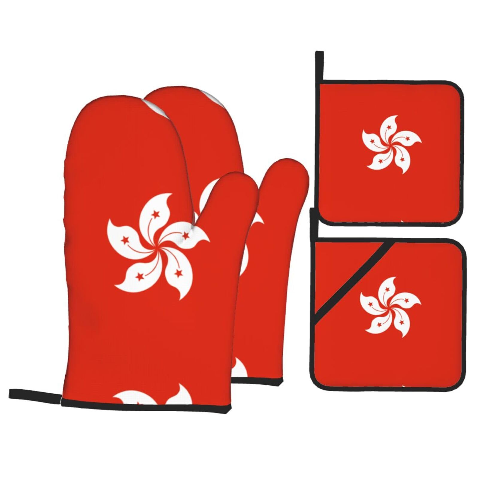 Hong Kong Flag Oven Mitts and Pot Holders Set Silicone Heat Resistant Kitchen Gloves Kitchen Mittens Pot Holders for BBQ Cooking Baking Grilling