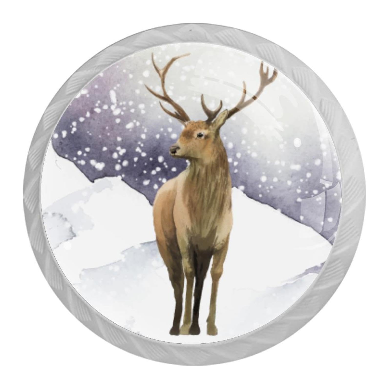 Tqmspg 4 Pieces Drawer Pulls Winter Deer Elk Animal Door Knobs Dresser Handles for Kitchen Wardrobe Cupboard Hardware Furniture