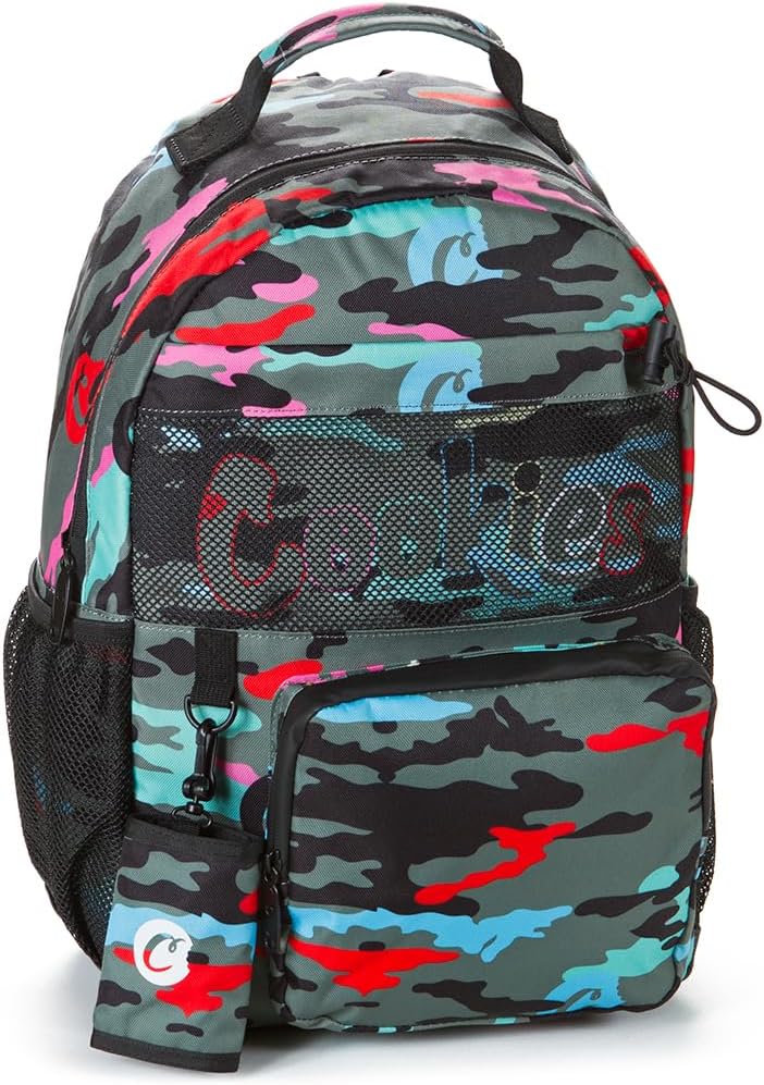 COOKIES Escobar Smell Proof Backpack – Odor-Blocking Travel Bag with Laptop Sleeve, Front Camo Pocket & Side Bottle Holders – Durable Streetwear Backpack for School, Work & Everyday Use – Green Camo