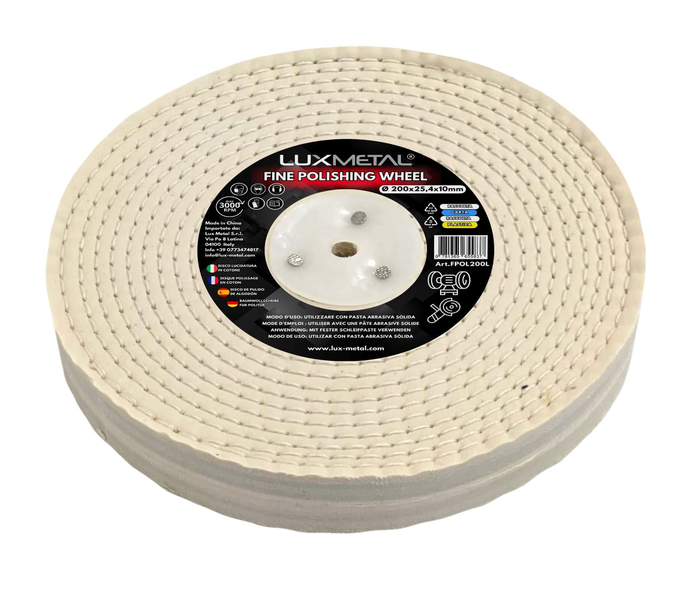 Disque de polissage des métaux en coton fin matelassé 200 x 25,4 x 10 mm - Roue de polissage pour meule de banc avec fixation pour mandrin conique pour polissage acier laiton aluminium
