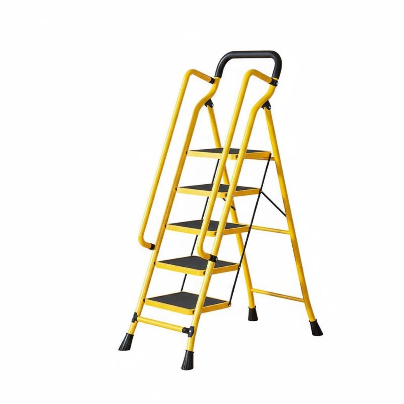 Folding Step Ladder Foldable Design Angled-Leg Design Ladder with Handrail Wide Anti-Slip Steps Portable Steel Step Stool for Adults, Kitchen, Garage 5-Step with Handrail Yellow-image-5