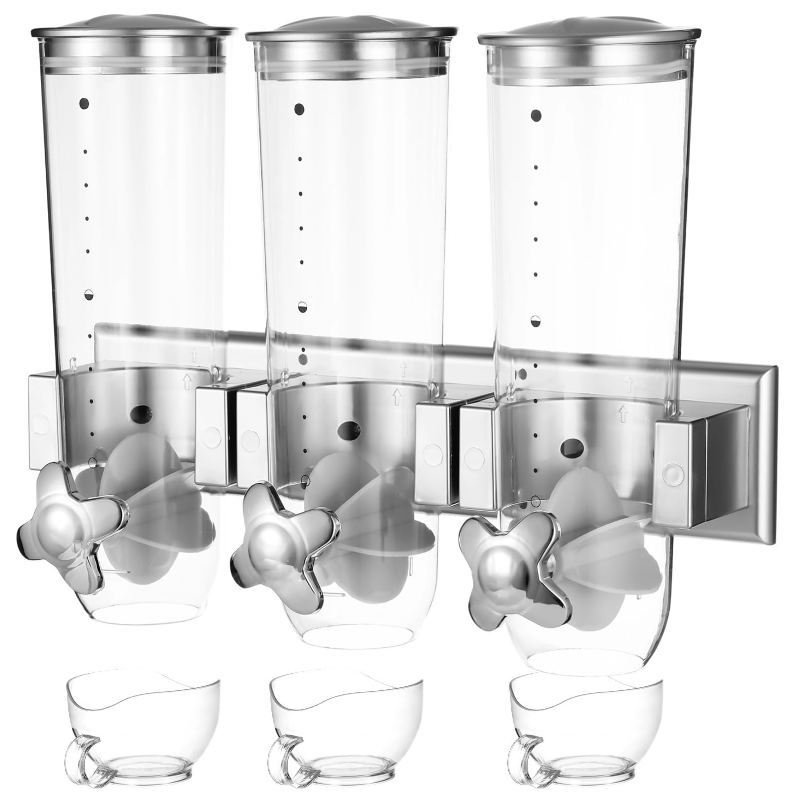 Dispenser da parete per cereali e snack con manopole, 3 scomparti rimovibili, grande capacità per conservare alimenti, chicchi di caffè e noci