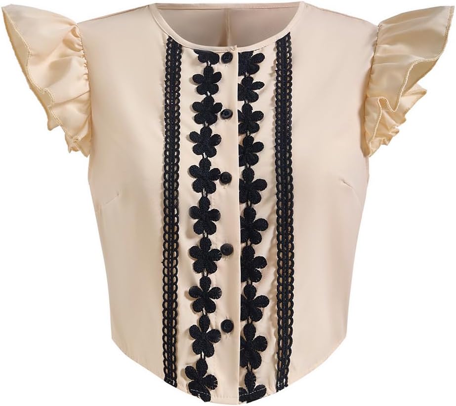 Women's Floral Embroidered Ruffle Cap Sleeve Crop Blouse Summer Button Down Crew Neck Shirts