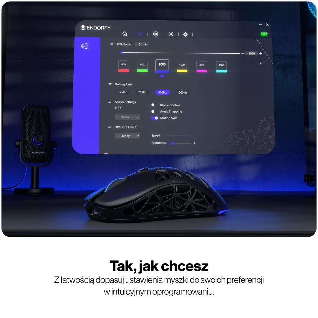 ENDORFY LIV Wireless Gaming Mouse RGB, bezprzewodowa mysz 69 g, PixArt PAW3311, 12000 DPI, Bluetooth, 2.4 GHz, USB-C, Kailh GM 4.0, PTFE