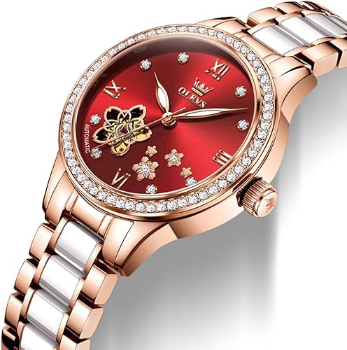 Miniatura 9 de OLEVS Relojes para mujer, reloj automático de lujo, correa de cerámica, oro rosa, reloj de pulsera para mujer