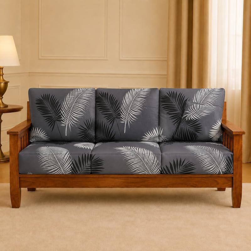 Brindha Enterprises Stretchable/Spandex Wooden Sofa Seat Cover Printed Stretchable Seat Slip Cover Protector for Wooden Sofa Set (3 Seater) Covers for Living Room (Grey Leaf_6pc)-image-49