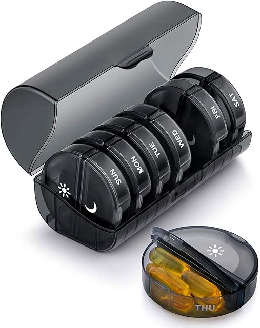 SUKUOS Pill Box 7 Day AM PM (Twice a Day) Weekly Pill Box Case with Moisture-Proof Design for Purse and Pockets (Rainbow)