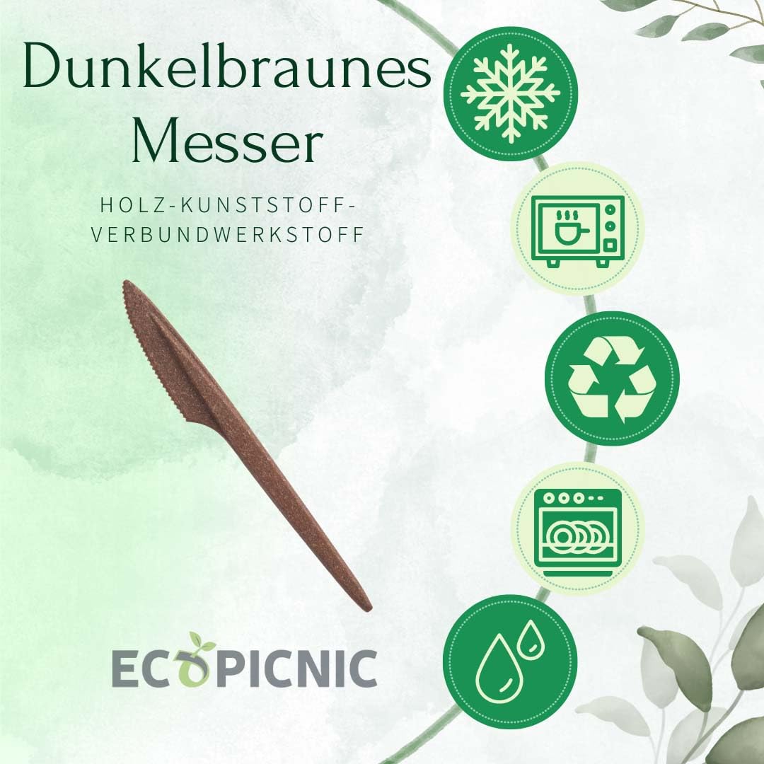 100 Stück Mehrweg Messer aus Dunkelbraunem WPC | Robustes und umweltfreundliches Messer, Alternative zu Plastikmessern