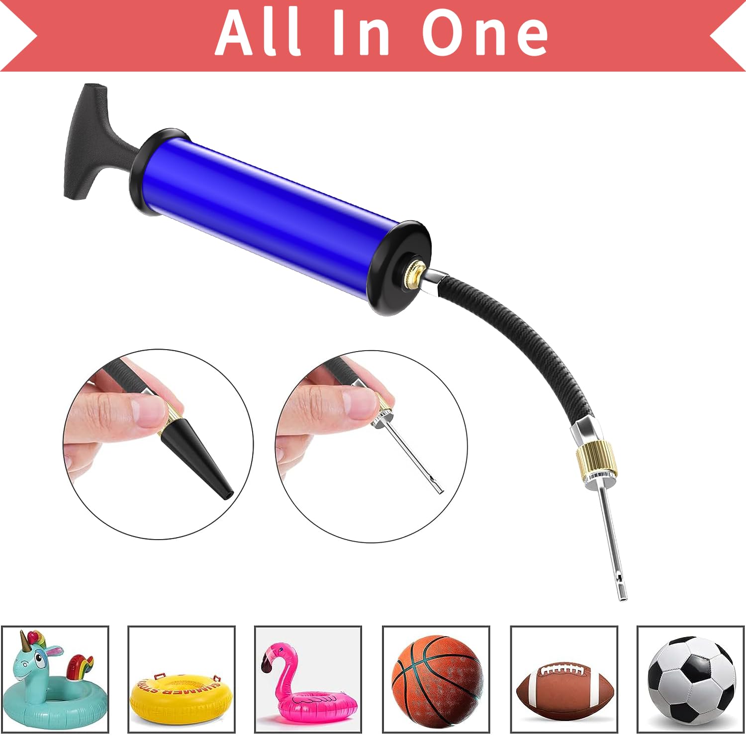 Pompa per palloni sportivi con 5 aghi, pompa per palloni portatile per calcio, rugby, pallavolo, pallacanestro, pallamano e altri palloni gonfiabili, Pompa a mano blu