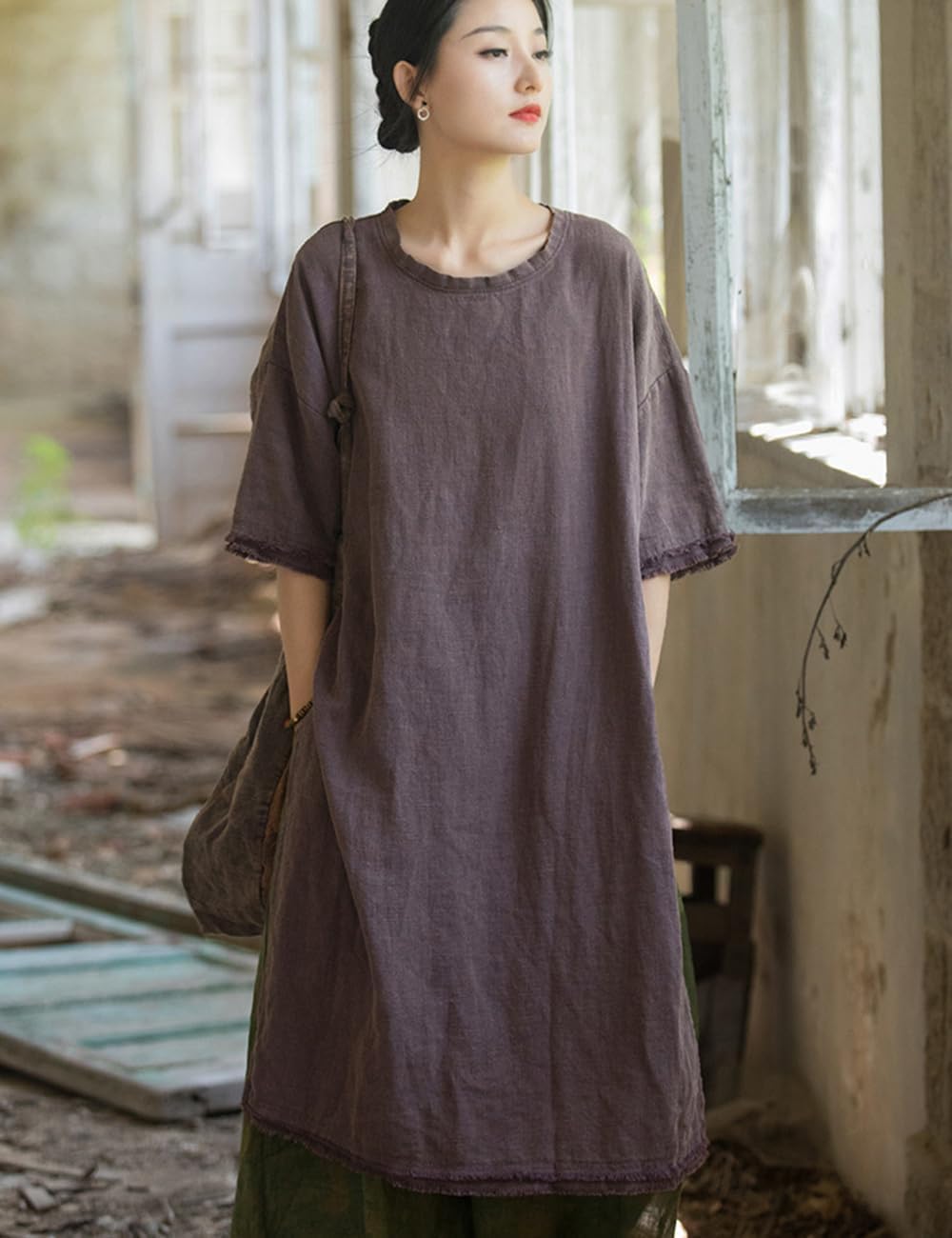 NFYM Women's Linen Midi Dress Short Sleeve Side Slit Distressed Frayed High Low Tunic Dresses - Image 4