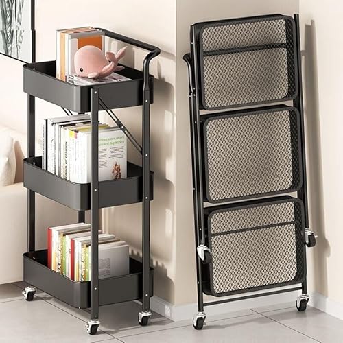 Storage Trolley Cart, 3 Tier Foldable Metal Rolling Organizer Cart with Casters, Mobile Utility Service Cart for Kitchen Bathroom Office Laundry (Black) - Image 2