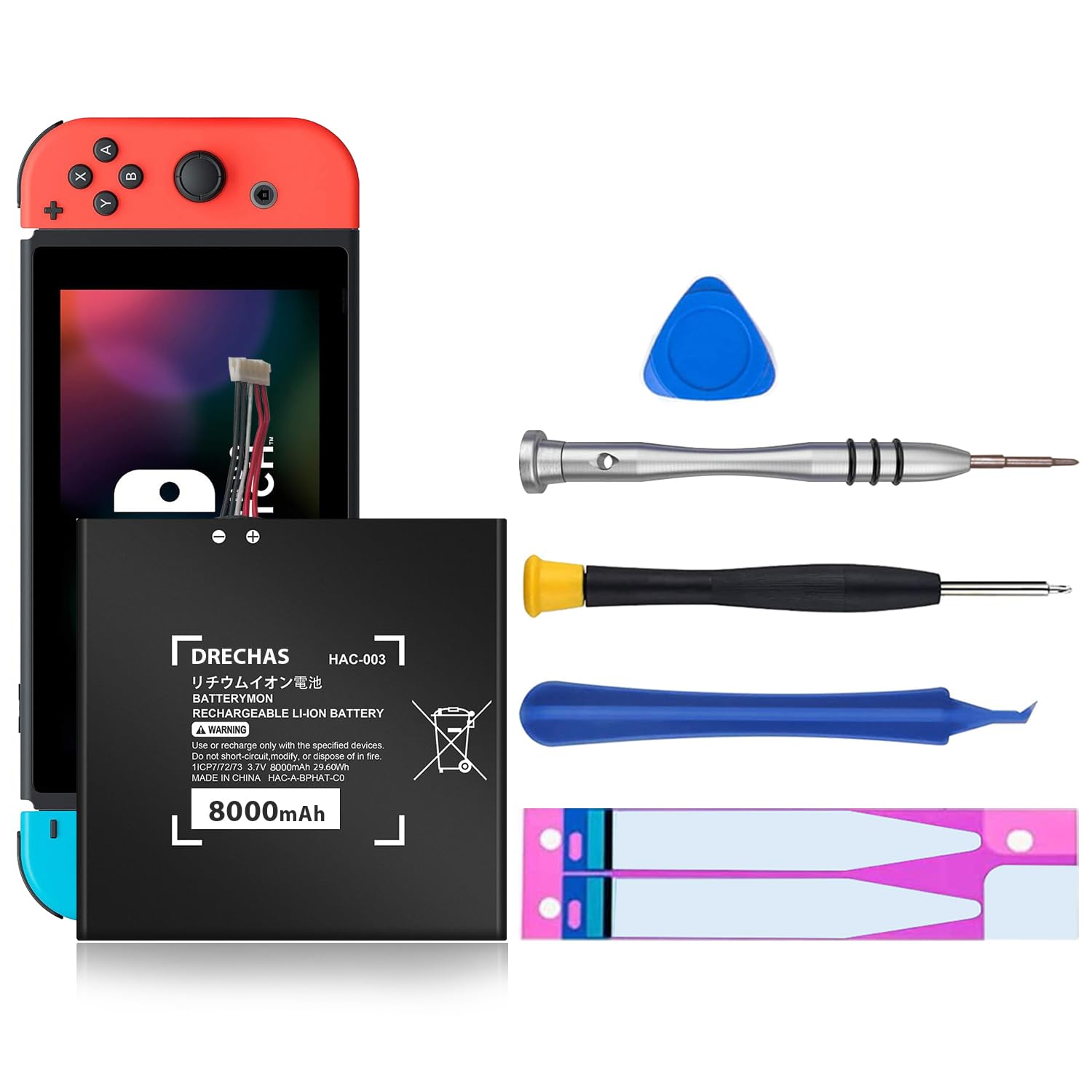 DRECHAS [8000mAh] HAC-003 Battery, 2025 New Upgraded High Capacity 0 Cycle Li-Polymer Replacement Battery for Nintendo Switch Console 2017 HAC-001 HAC-A-BPHAT-C0 HAC-S-JP/EU-C0 with Repair Tool Kit