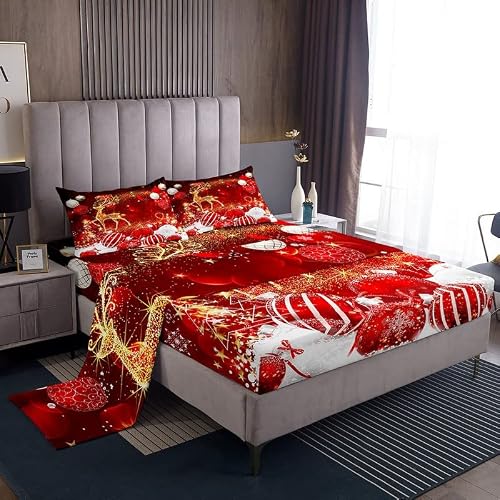 Feelyou Glitter Elk Sheets with Deep Pocket Fitted Sheet Red Xmas Theme Sheet Set Bed Sheets Set for Children Kids Boys Girls Merry Christmas Bedding Set Room Decor Bed Set Queen Size