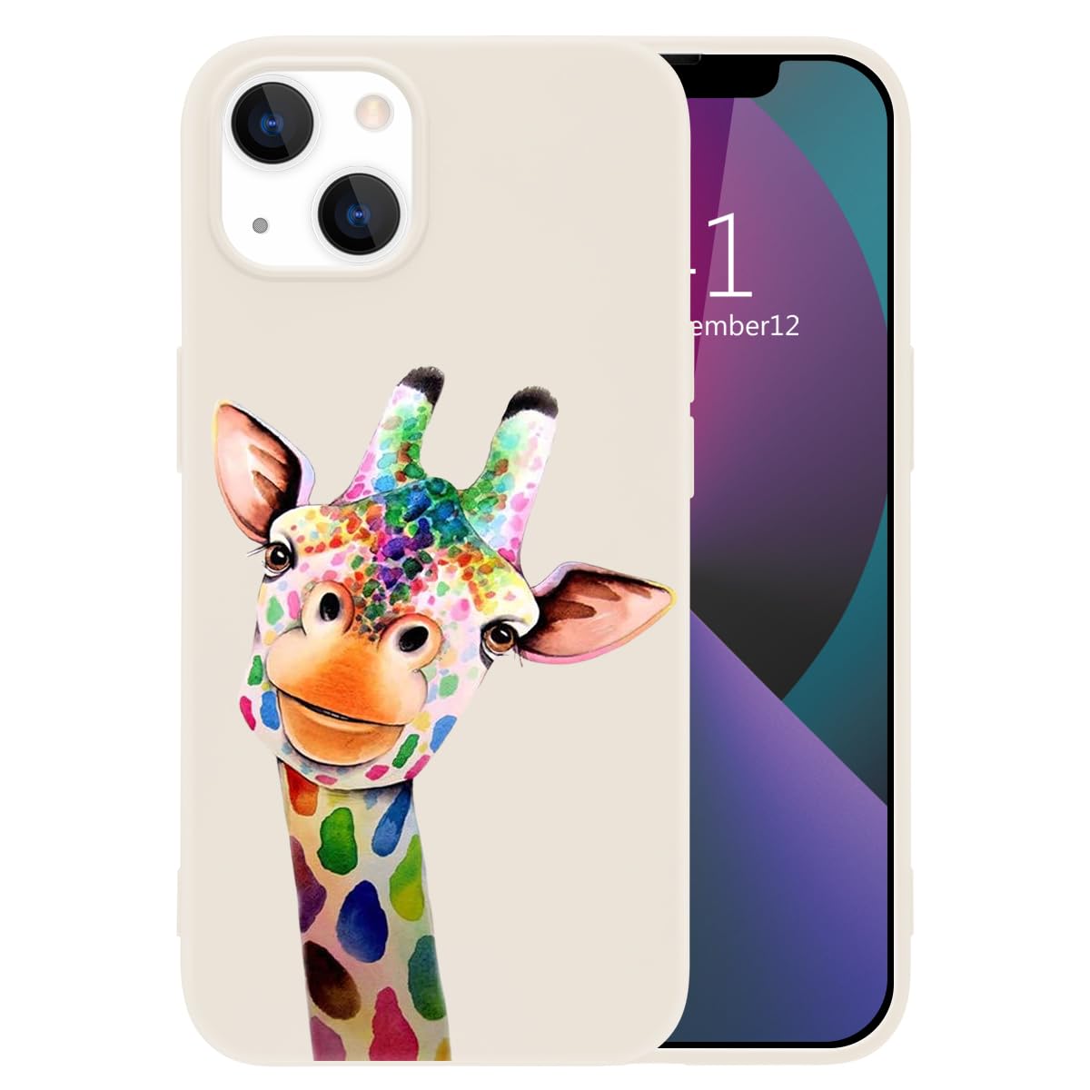 MAYCARI Cute Funny Giraffe Phone Case for iPhone 12/12 Pro, White Liquid Silicone Girly Cases,Cartoon Soft Gel Rubber Full-Body Protective Microfiber Lining Shockproof Cover for Boys, Women, Men