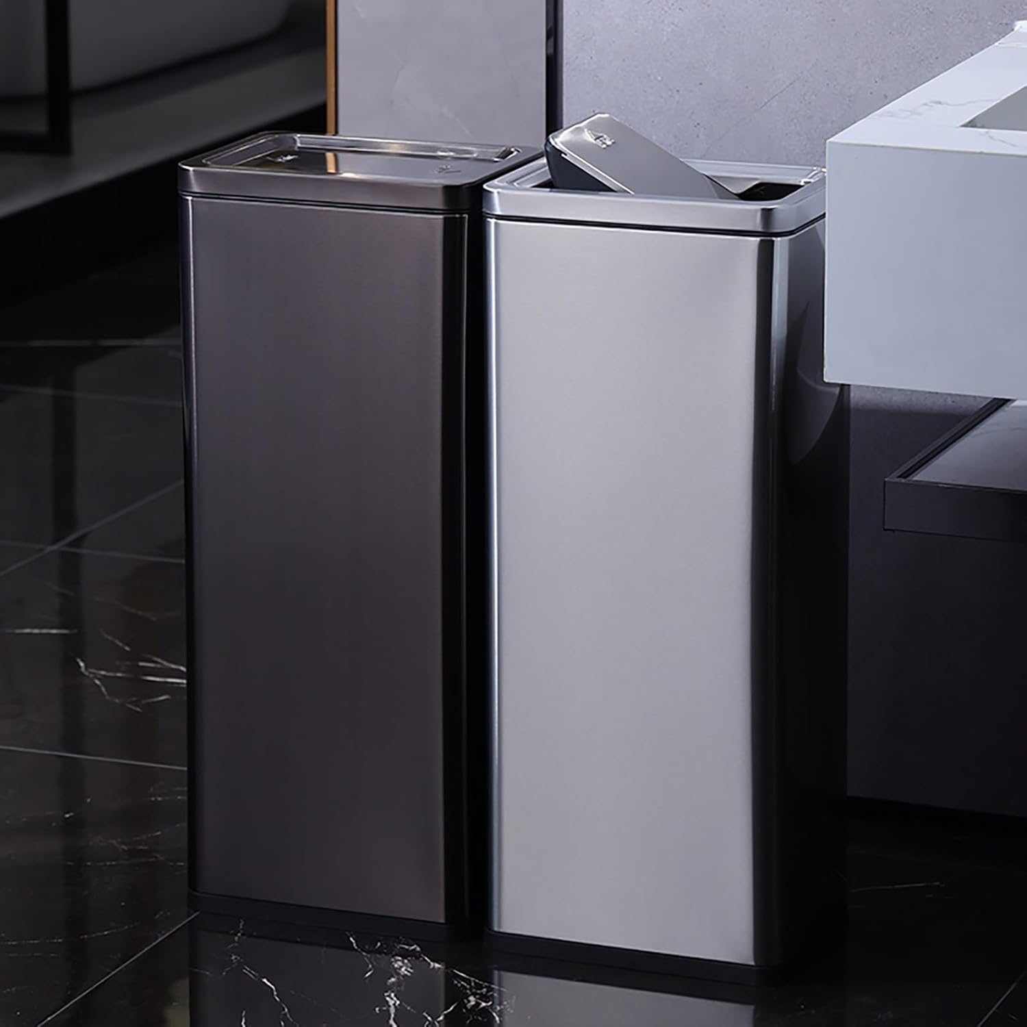 30L Commercial Trash Can with Swing Lid, Trash Bin Stainless Steel, Garbage Bin for Office & Business(Black)