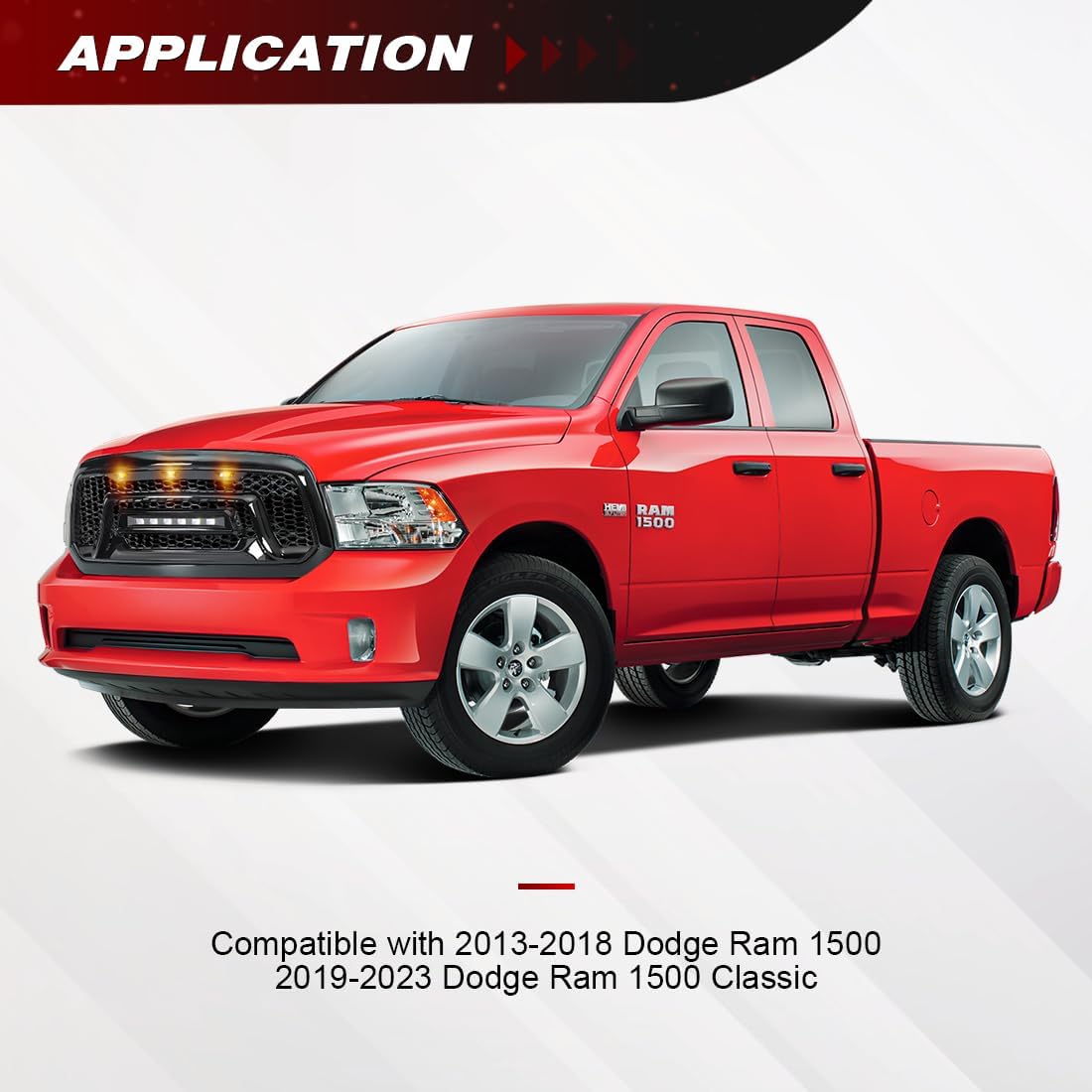 Front Grille Compatible with 2013-2018 Dodge Ram 1500, 2019-2023 Ram 1500 Classic, Glossy Black Bumper Grill w/Off-Road Lights