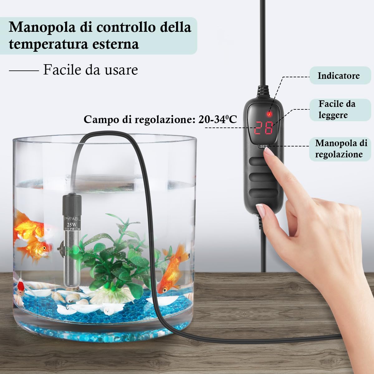 Mini Chauffage pour Aquarium, 25W 50W 100W Petit Chauffage Submersible pour Aquarium avec Contrôleur Externe pour Bassins à Poissons et Tortues de 3 à 100L (25W pour 3 à 20L)