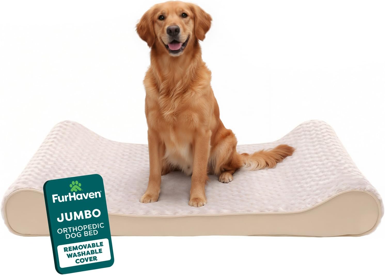 FurHaven Orthopedic Dog Bed for X-Large Dogs, Luxe Lounger Contour Mattress with Medical-Grade Solid Orthopedic Foam for Joint Support, Removable Washable Cover, Jumbo/XL, Plush Suede, Cream Jumbo Cream