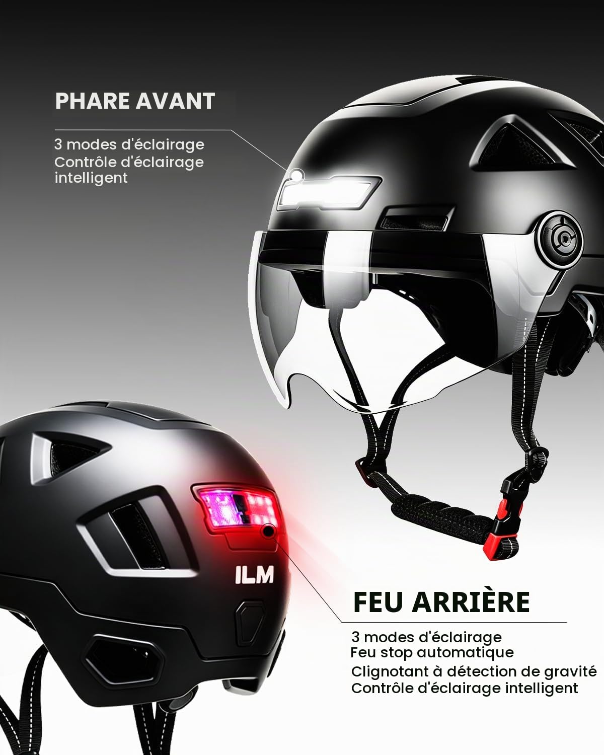 ILM Casque Velo VTT Bluetooth Homme Femme Homologué NTA8776 CE CPSC avec Visiere LED d'Alerte de Freinage