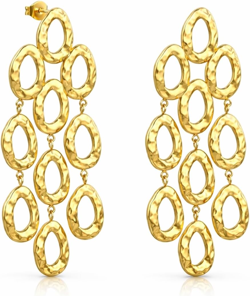 Mchic Dangle Earrings for Women: 18K Gold Plated Statement Hammered Chandelier Earrings, Long Dangling Drop Geometric Oval Earrings Lightweight Trendy Fashion Jewelry for Women
