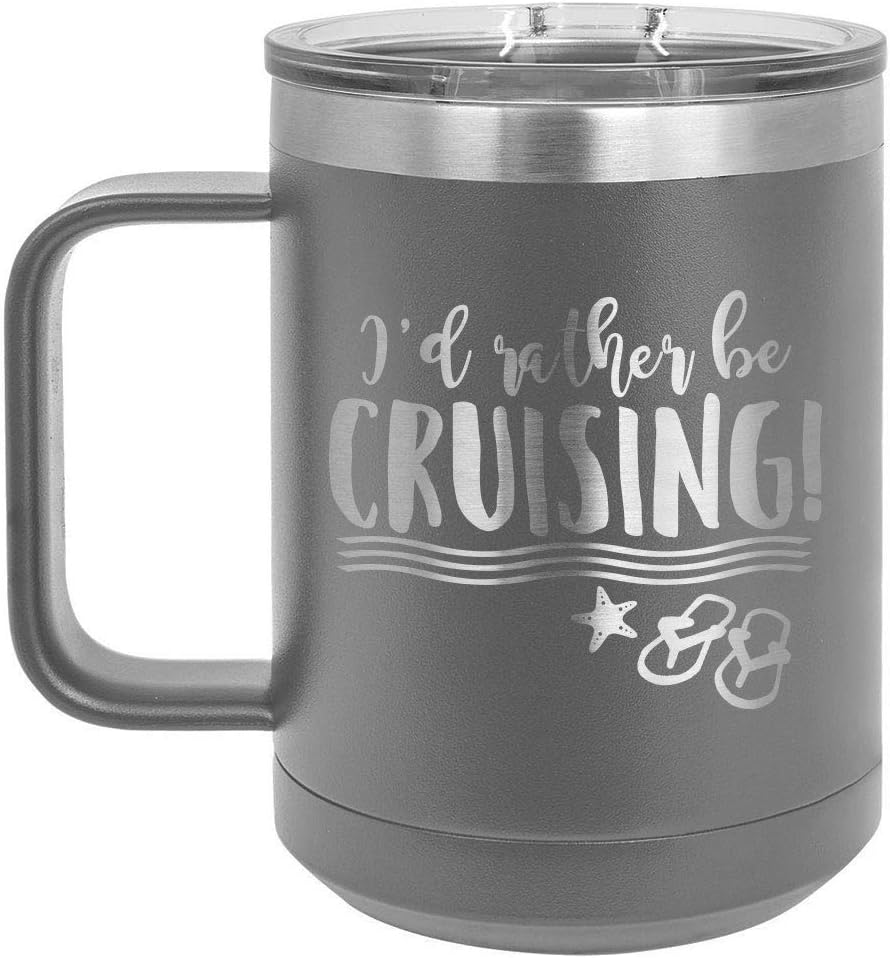 I'D RATHER BE CRUISING White 15 oz Coffee Cup w/Slide Top Lid | Insulated Travel Coffee Mug | Birthday Or Christmas Gift Ideas From Women or Men | Compare To Yeti Rambler | ONLYGIFTS.COM