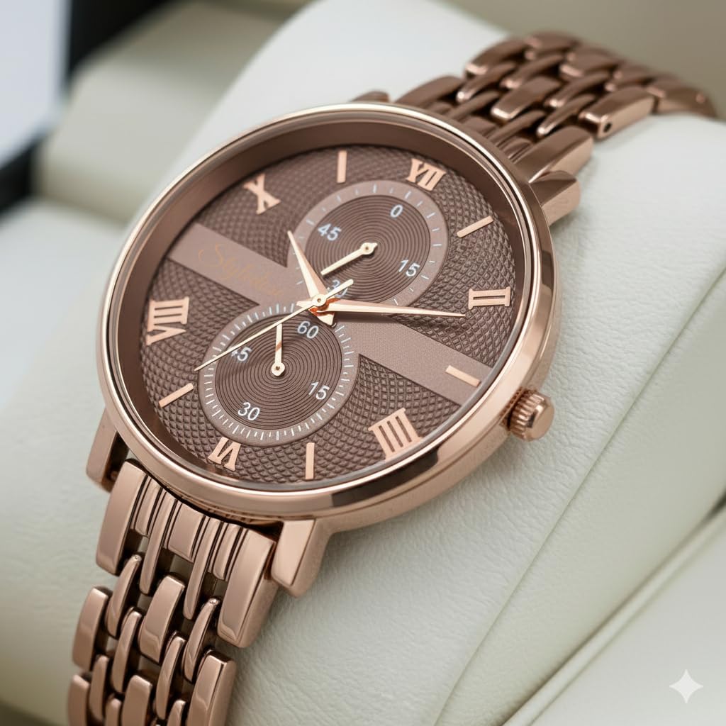 styledose Women's Luxury Black Analog Watch – Rose Gold Roman Numerals with Stylish Metal Chain Strap Wrist Watches for Women's & Girls&Miss&Ladies (Brown) 3