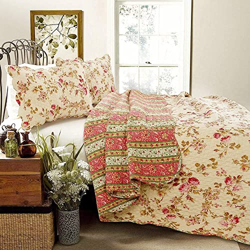 Cozy Line Home Fashions Rose Garden Vintage Floral Pink Khaki 100% Cotton Reversible Quilt Bedding Set, Coverlet Bedspread (Vintage Rose, King - 3 Piece) #TOP1