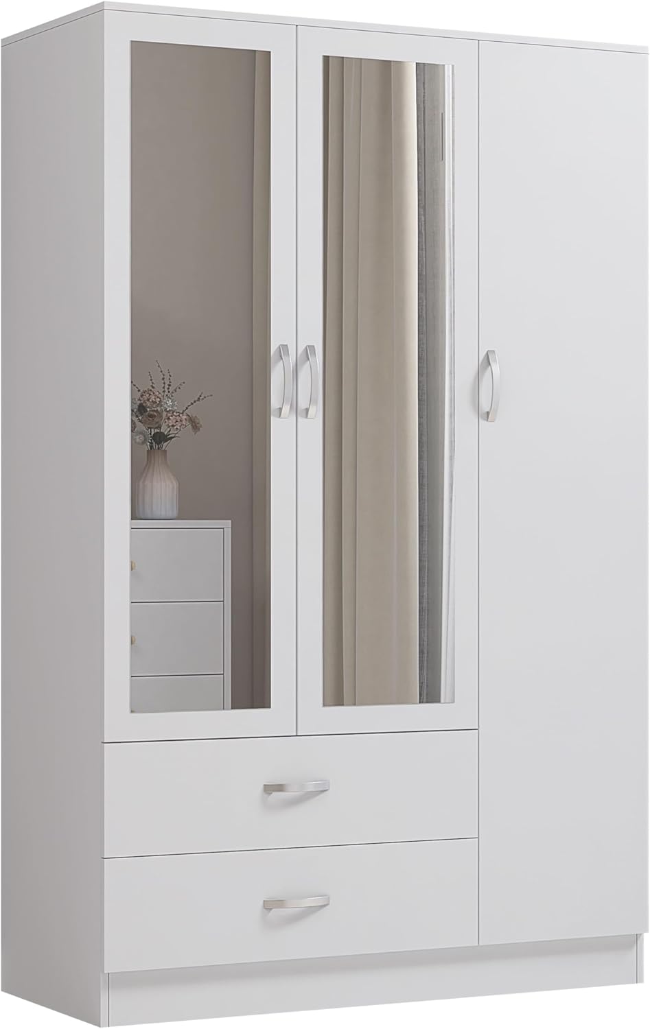 Nera 3 Door Wardrobe with Mirror Shelves and Hanging Rail Tall Wardrobes for Bedrooms Storage (White)