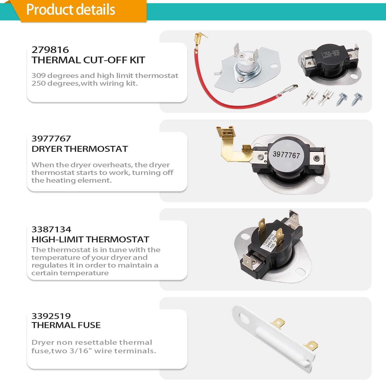 Dryer Heating Element Kit Fit for Whirlpool LER4634EQ1 LER4634EQ2 LER4634JQ1 LER4634PQ0 LER4634PQ1 LER5620KQ1 LER5636EQ3 LER5636EQ2 LER3624EQ1 LER3624EQ0 LER3624JQ0 LER3624JQ1 LER4624DQ1 etc