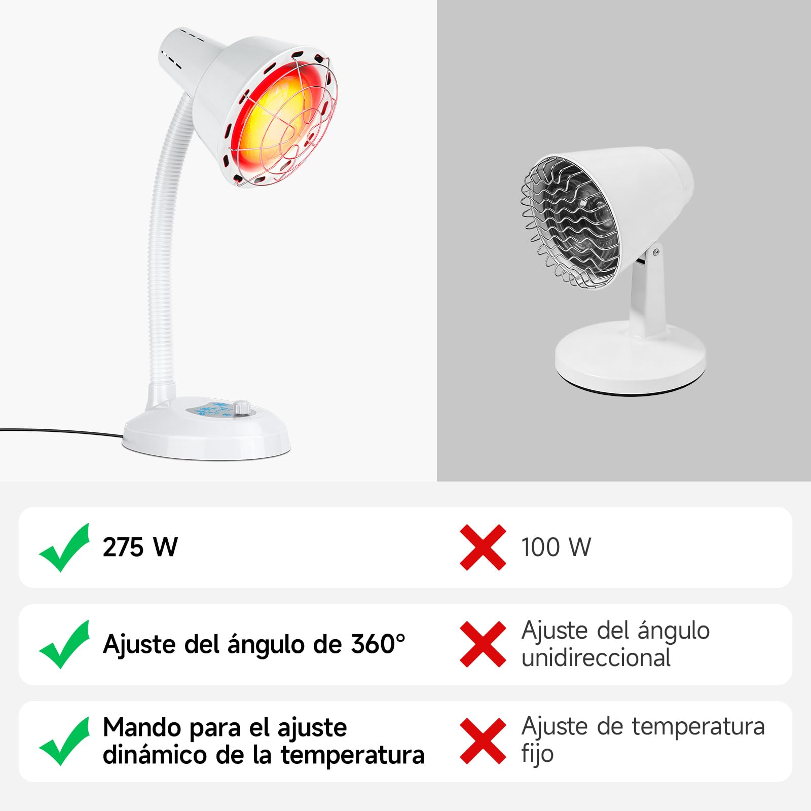 Lámpara Calefactora de Luz Roja de 275 W, LáMpara de In-Frarrojos con Base | Diseño flexible con cuello de cisne de 360°, equipada con un botón de regulación continua que permite ajustar la temperatura
