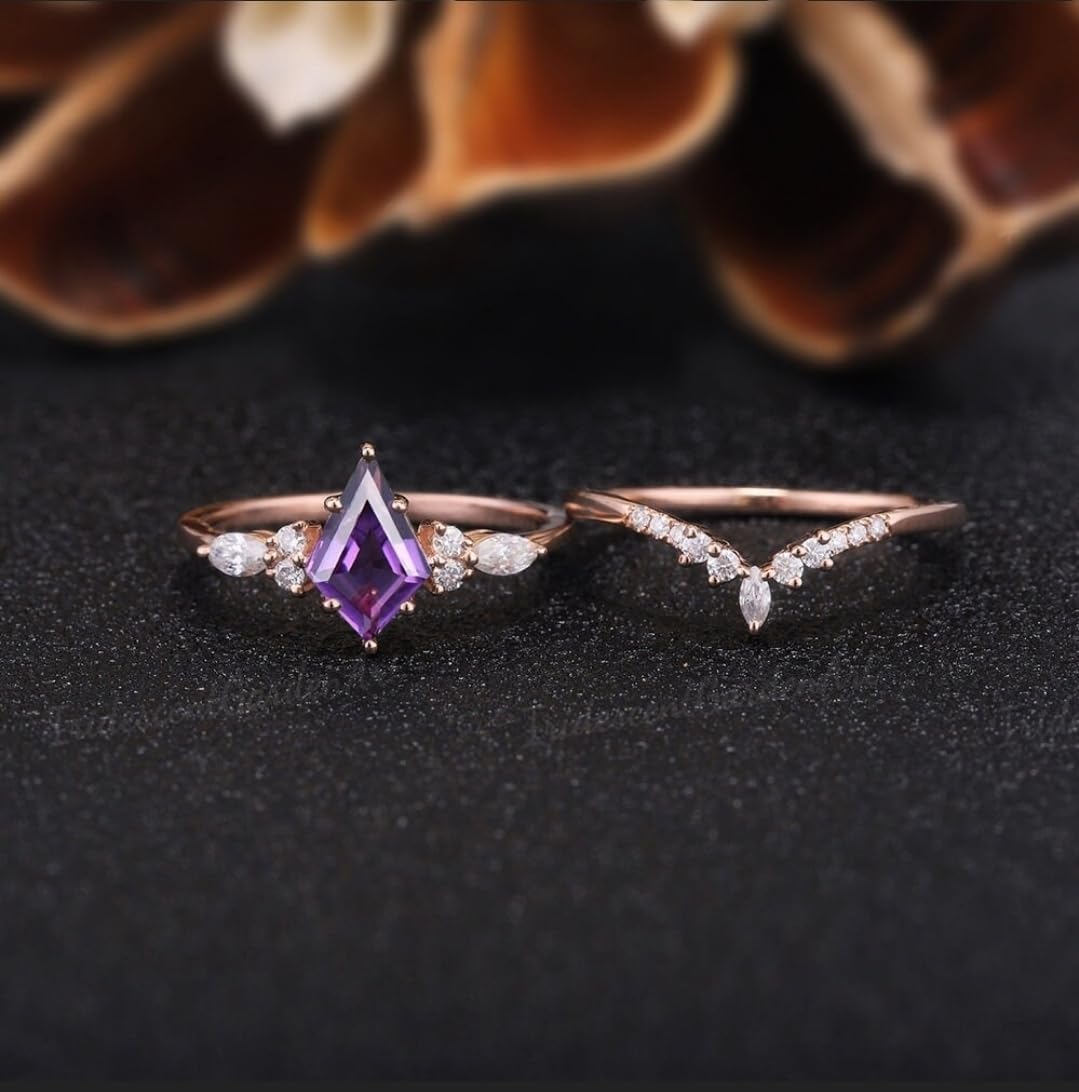 Art deco Kite Cut amethyst Ring Set Wedding ring Set Promise ring Engagement Ring set womens ring 2pcs anniversary ring set