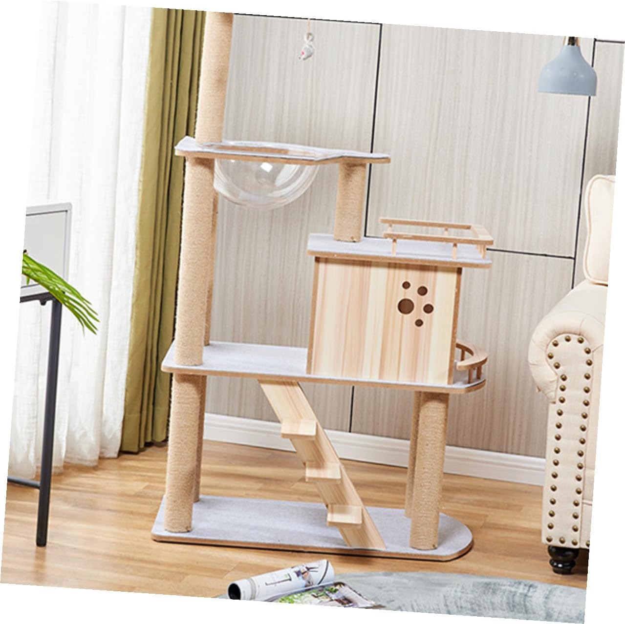 Toddmomy Large Solid Wood with Felt Platforms Multi-Layer Cat Activity Center for Indoor Use and Scratching Post