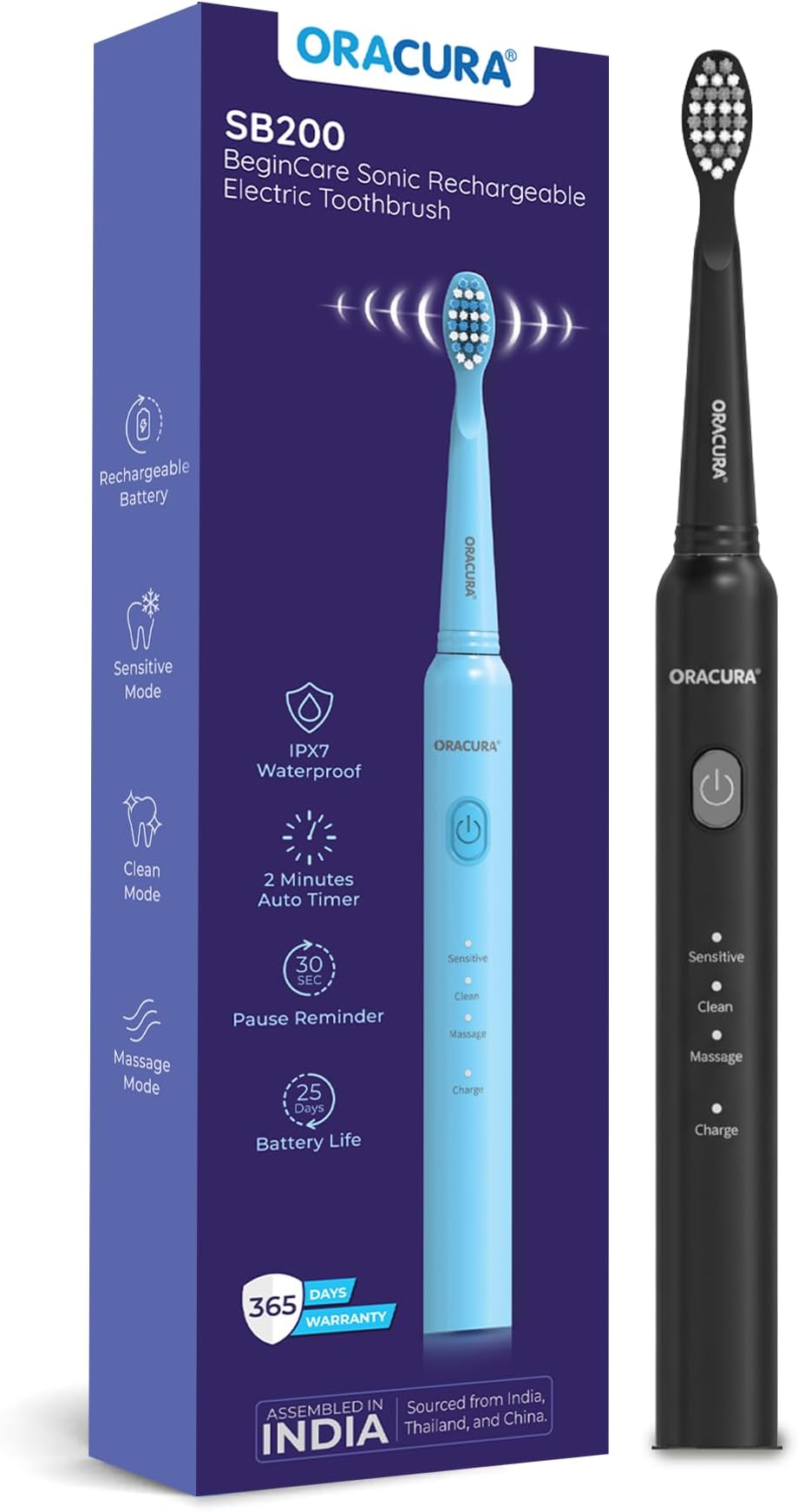 ORACURA SB200 Black Electric Toothbrush for Men & Women, 1 Year Warranty, 36,000 strokes/min, 3 Modes, IPX7 Waterproof, 25 Days Charging Time Cycle, 2 Mins Auto-Timer