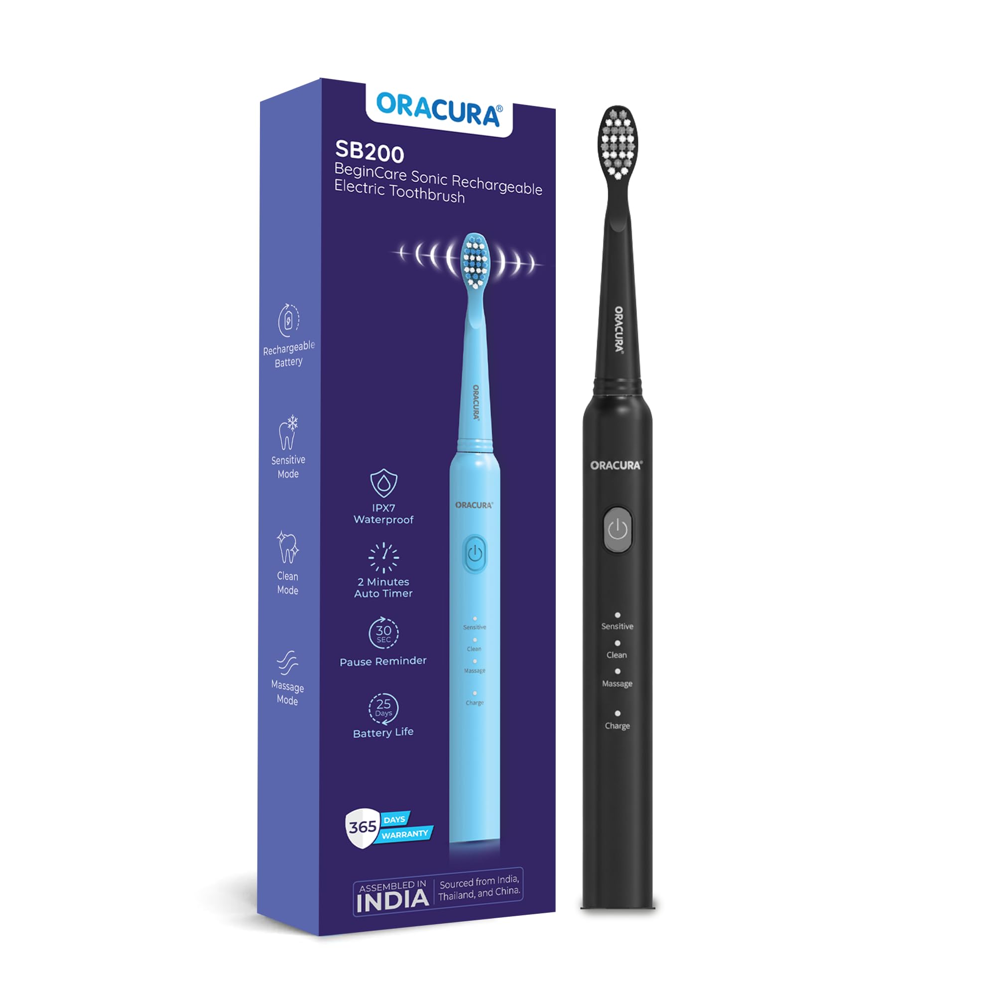ORACURA® Sonic Electric Rechargeable White Power Toothbrush SB200, 40,000 strokes/min, 5 Modes, 3 Brush Heads & Rechargeable with 4 Hours Charge lasts