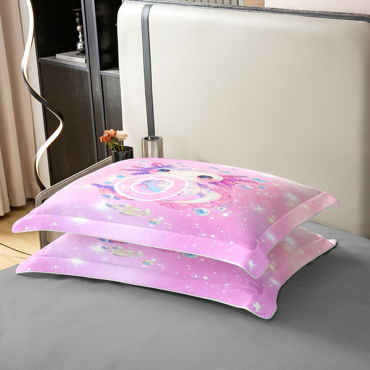 Loussiesd Urocza różowa poszewka na kołdrę Axolotl 100% bawełna King Size Kawaii brokat Axolotl poszewka na kołdrę dla chłopców dziewcząt ocean zwierzę litera O zestaw pościeli 3 szt. dekoracja pokoju