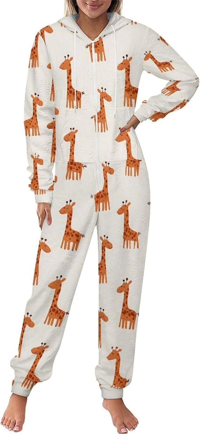 Adult Flannel Hoodie One Pieces Pjs Sets Cartoon Giraffe One-Piece Pajama for Women & Men Soft Warm