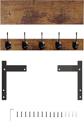 Miniatura 9 de Ganchos de pared con estante, perchero de madera con estante montado en la pared, estantes colgantes de entrada con 5 ganchos de metal para ropa,