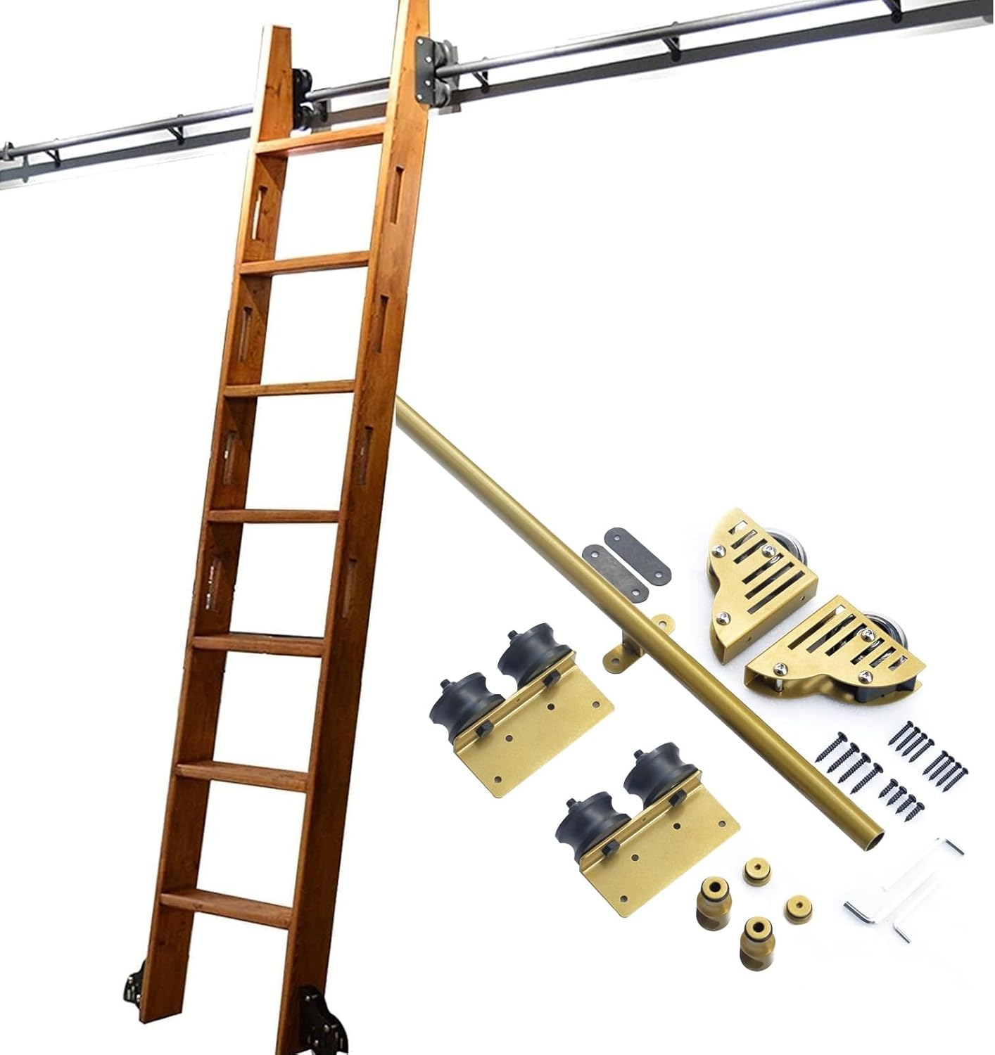 Rolling Library Ladder Track Kit, Floor Wheels with Brake, 3.3FT-24FT Sliding Ladder Hardware Kit Rolling Track (No Ladder, Mobile Loft Office Ladder Track Rail (16ft/488cm Track kit)