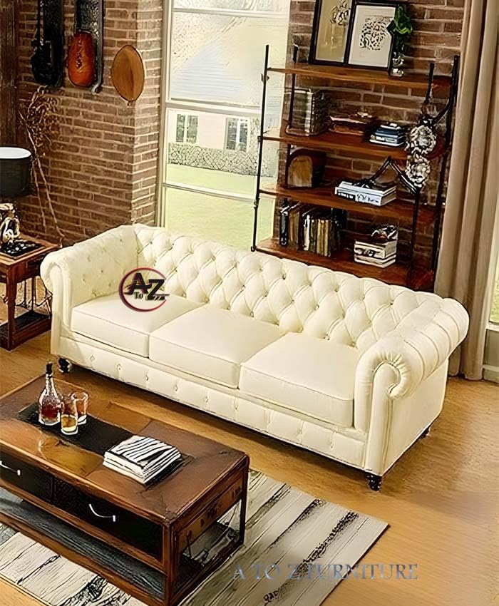 Image of A to Z Furniture Classic 3+2=5 Seater Sofa Set with Wooden Leg;s with Luxury Chesterfield Leatherette Sofa in for Home Living Room & Office (3+2 White)