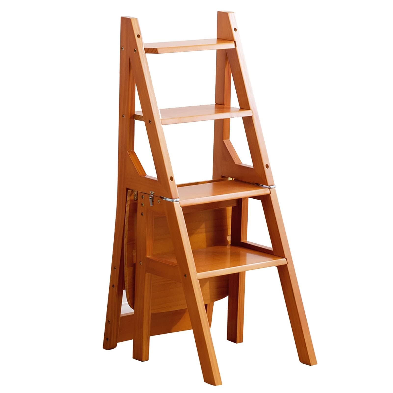 Solid Wood Folding Library Ladder Chair Step Ladders Step Chair Foldable 4-Step Stool Dual Purpose Stepladders 4-Step Climb Step Display Stand Flower Stand(Size:46x35x90CM,Color:Brown) (Brown 46x