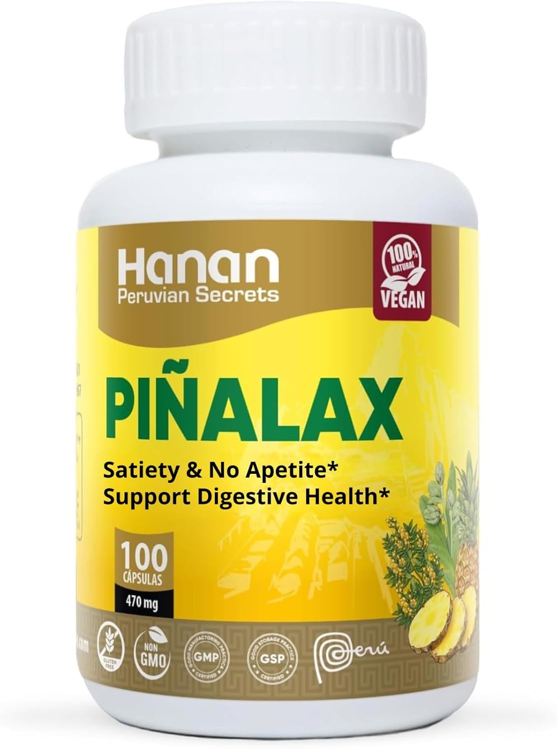 Hanan Piñalax 100 Capsules of Pineapple, Green Tea, Artichoke, Stevia, Yacon Leaves, Senna, Horsetail and Fennel from Peru Herbal Supplement – for Natural Cleanse & Detox