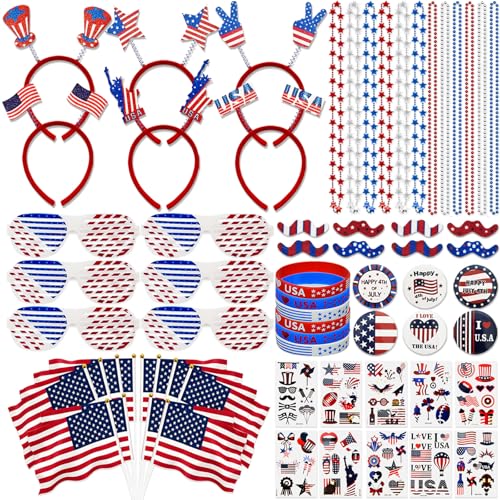 ETlanding 136PCS 4th of July Accessories - Patriotic Party Pavors Fourth of July Supplies USA Themed Decoration Memorial Independence Day American Flag Headband Shutter Glasses Tattoo Sticker Necklace