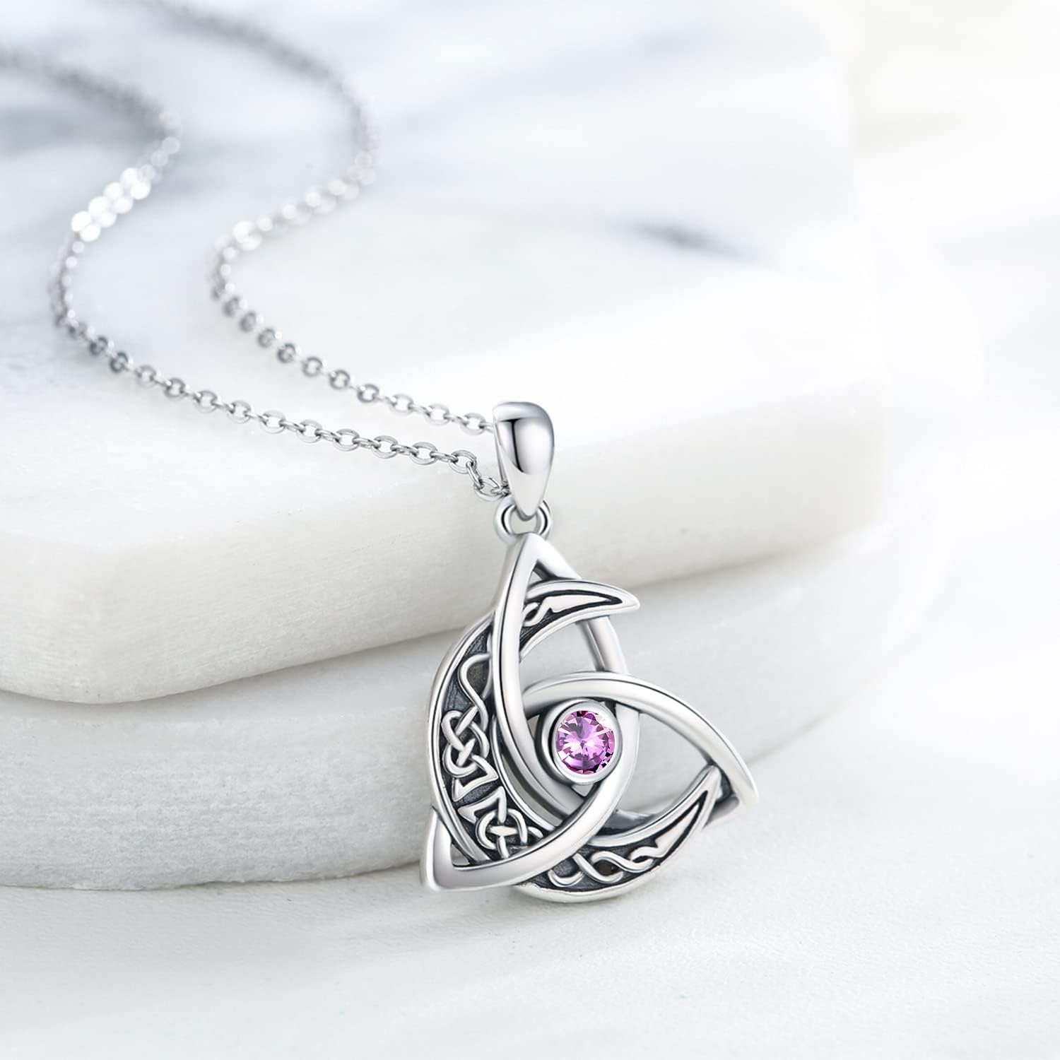 Celtic Moon Necklace 925 Sterling Silver Celtic Knot Trinity Pendant Necklace Birthstone Necklace Irish Jewelry Gifts for Women Girls Daughter Mother Birthday Christmas - Image 2