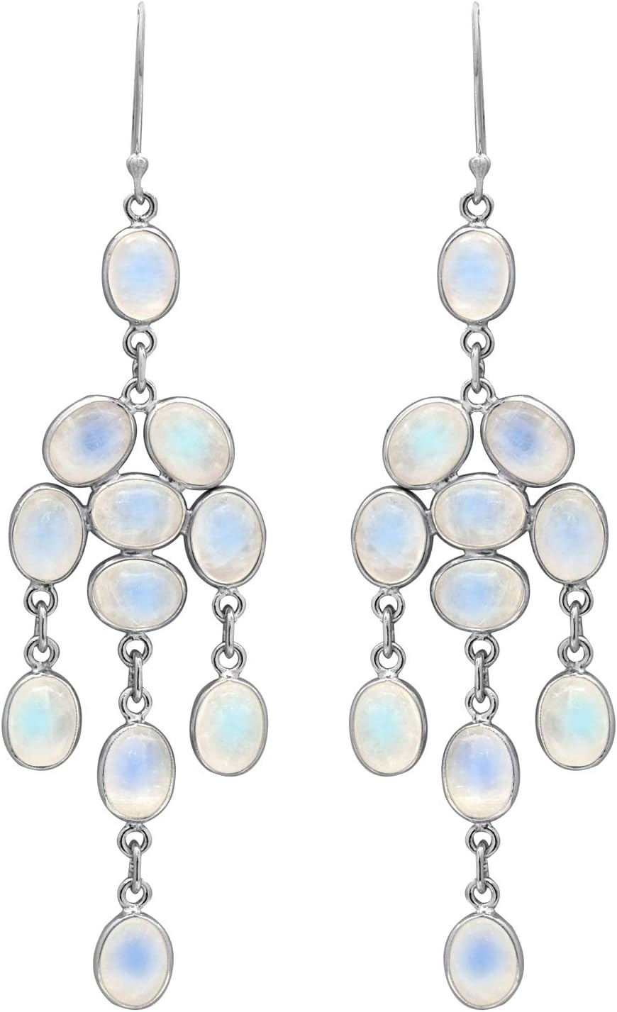 925 Sterling Silver Moonstone Blue Copper Turquoise Dangle Chandelier Earrings
