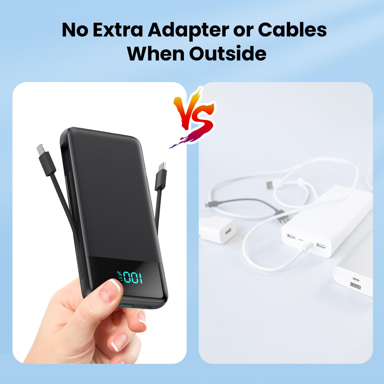 Cargador portátil para iPhone con cables integrados y enchufe de pared, 13800 mAh de carga rápida USB C, batería de 4 salidas de viaje, compatible con iPhone 15/14, Samsung, Android, etc