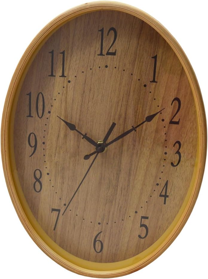 MISUE Silent Oval Wall Clock Natural Wood Frame NO-Ticking Decorative Sweeping Vintage Wooden Clocks