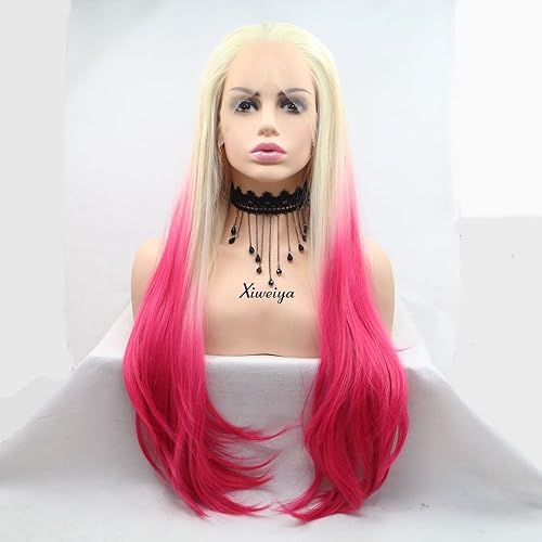 Xiweiya Pelucas largas y naturales lacias, peluca de color piano de sirena, color rubio, rojo degradado, peluca sintética con encaje frontal,