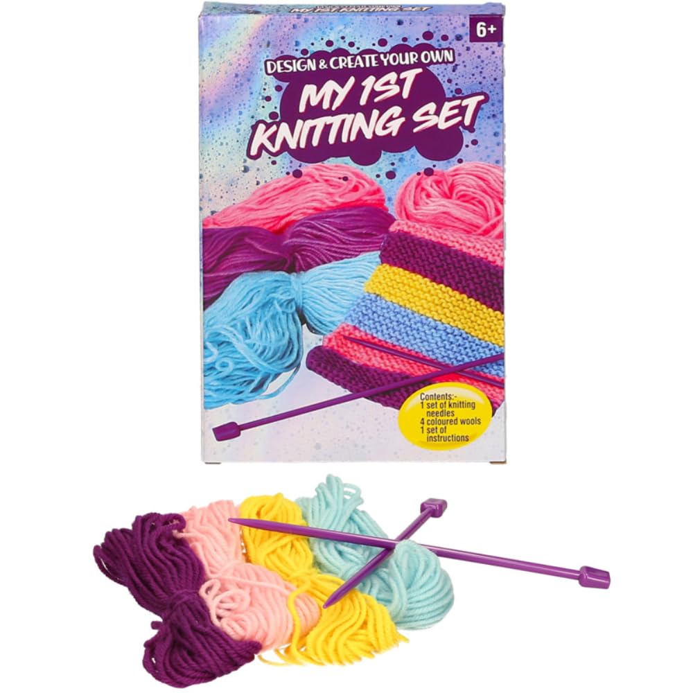 eMKay® My 1st Knitting Set – Beginner’s 6-Piece Craft Kit for Kids & Adults – Includes 4 Colours of Wool, Plastic Needles & Easy Instructions to Knit Mini Bag, Scarf or Pillow – Ideal Starter Knitting