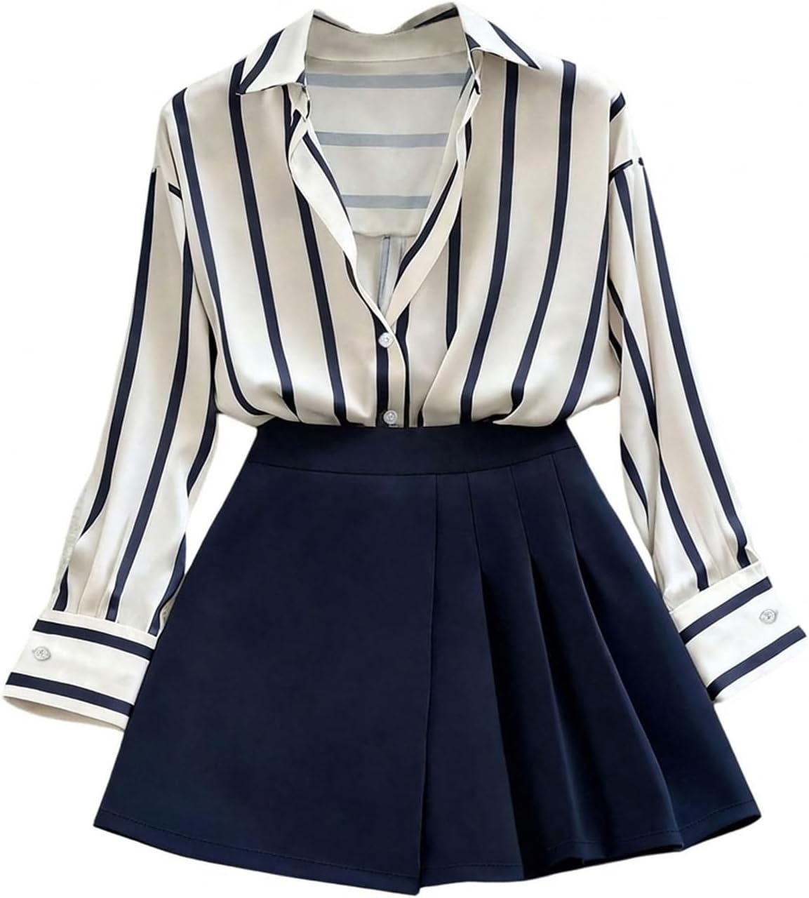 GORGLITTER Women's Business Casual Outfits Striped Long Sleeve Button Down Blouse and Asymmetric Pleated Skort