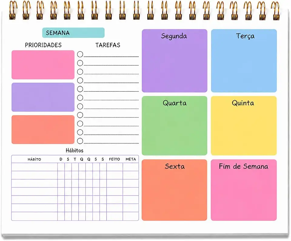 Planner Semanal 50 Folhas Destacáveis, Capa de Acetato, Espiral, Para Uso Pessoal, Escolar ou Profissional